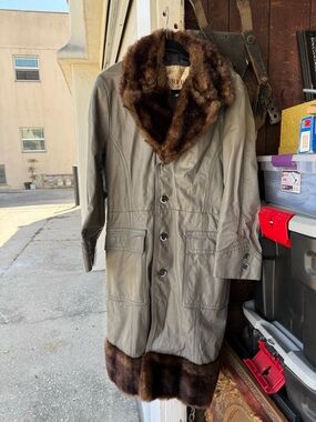 Men's Taupe Leather Coat with Brown Fur Trim